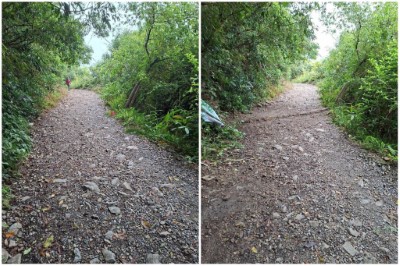 以現地石塊鋪設導流溝 減少路面沖刷_前後對照